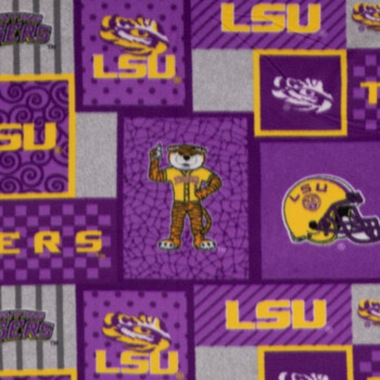 Sykel Enterprises-Louisiana State University Fleece Fabric-LSU Tigers College Patch Fleece Blanket Fabric-Sold by the yard